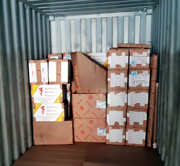 Contenedor con cajas de embalaje AMS ordenadas